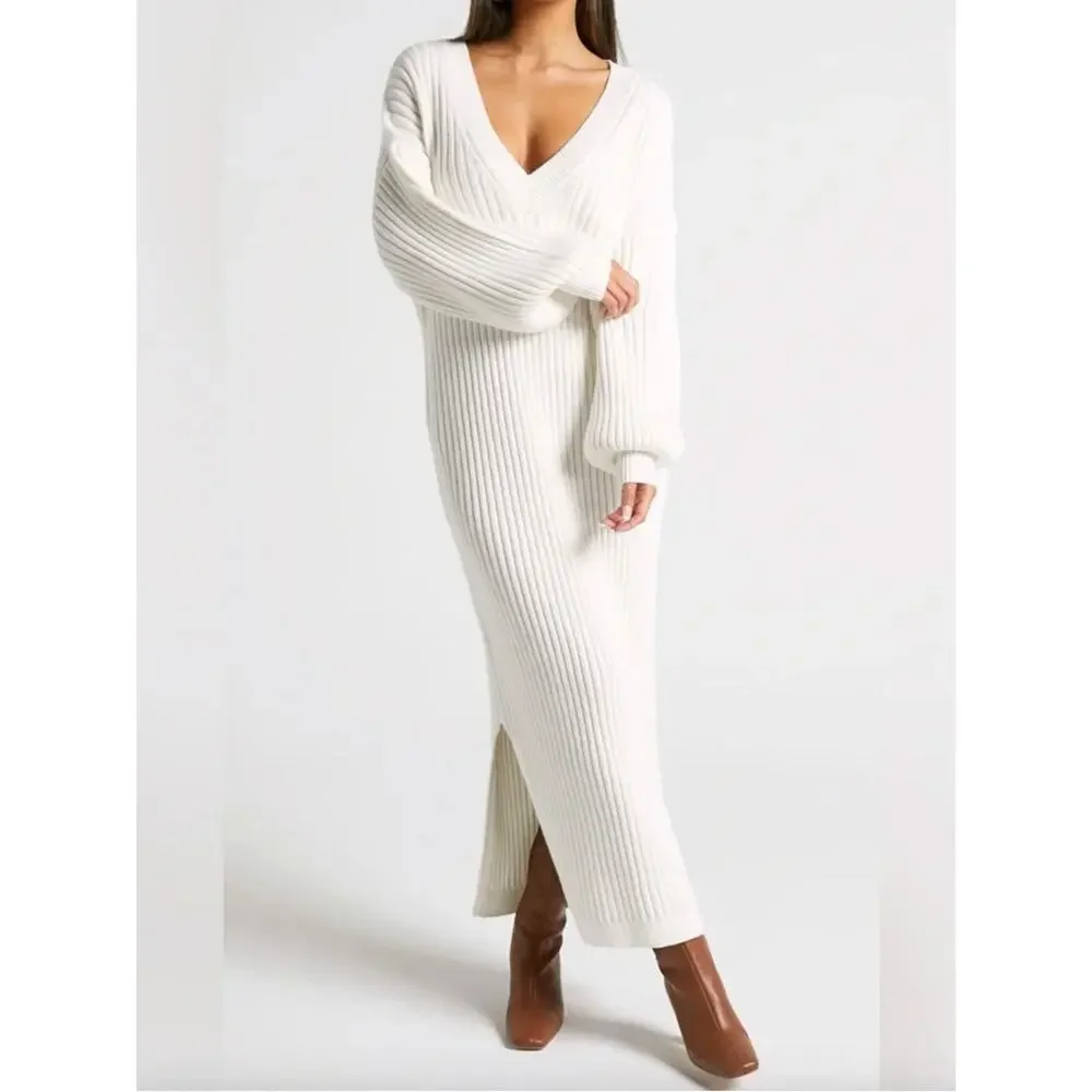 chunky knit midi dress Women's Brown Chunky Knit Asymmetric Midi Dress
